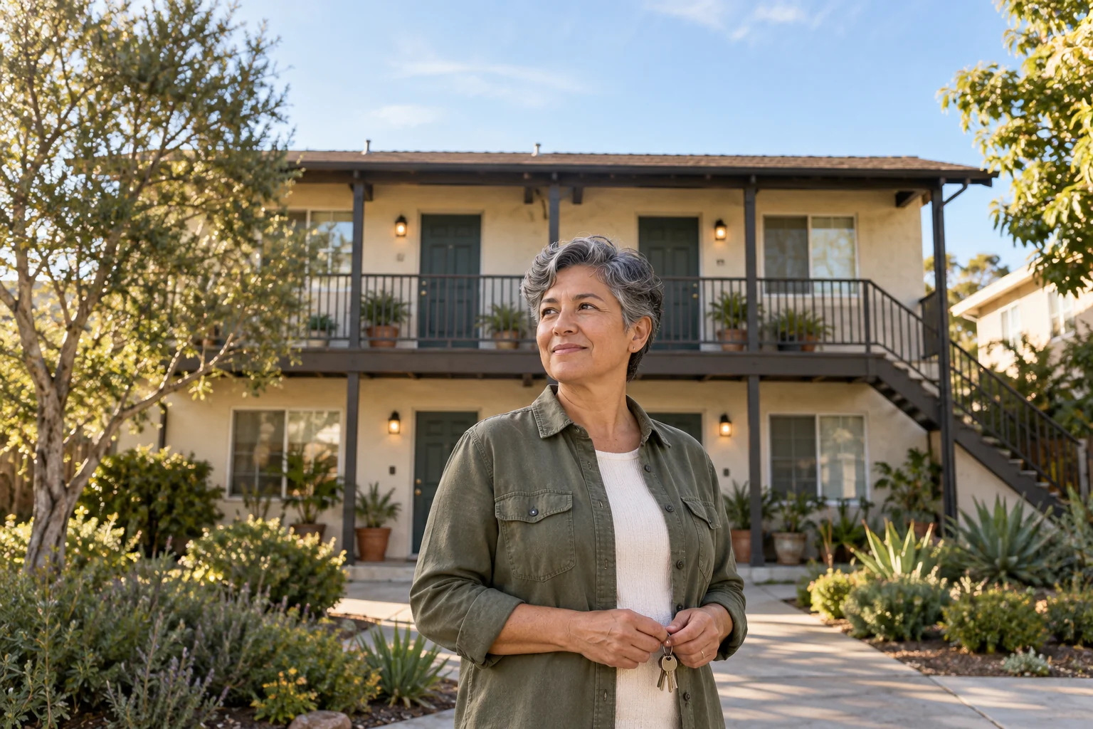 AI-generated illustration of Dana, a rental-property owner, outside a fourplex; not an actual client